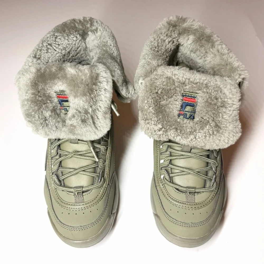 Fila Women’s Disruptor Shearling Mid Calf Lace Up Olive Green Boots Size- 6.5